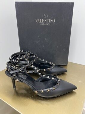 Valentino Black Rockstud Strappy Pointed Pumps